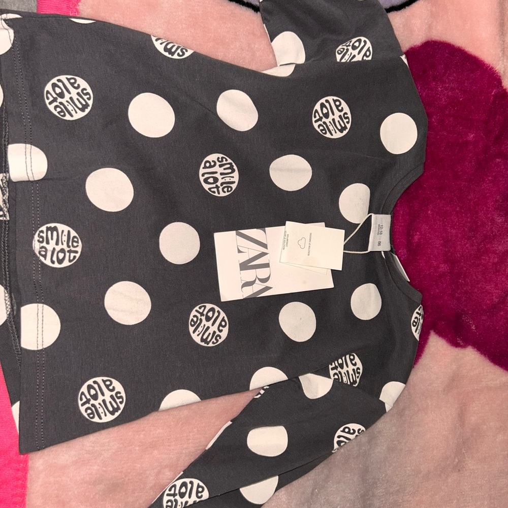 ZARA Charcoal and White Polka Dot Top
